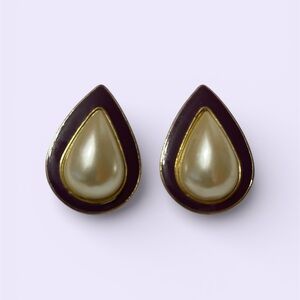 Pearl Teardrop Stud Earrings with Purple Border